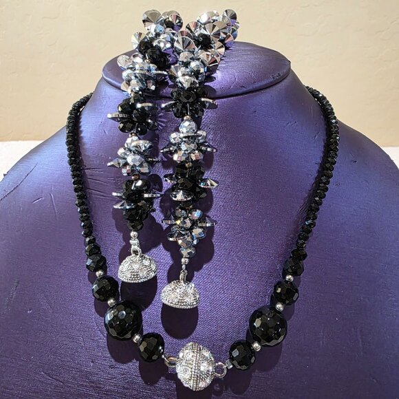 Vintage Black Silver Crystal Bead 3 Piece Convertible Statement Runway Necklace - Picture 6 of 17